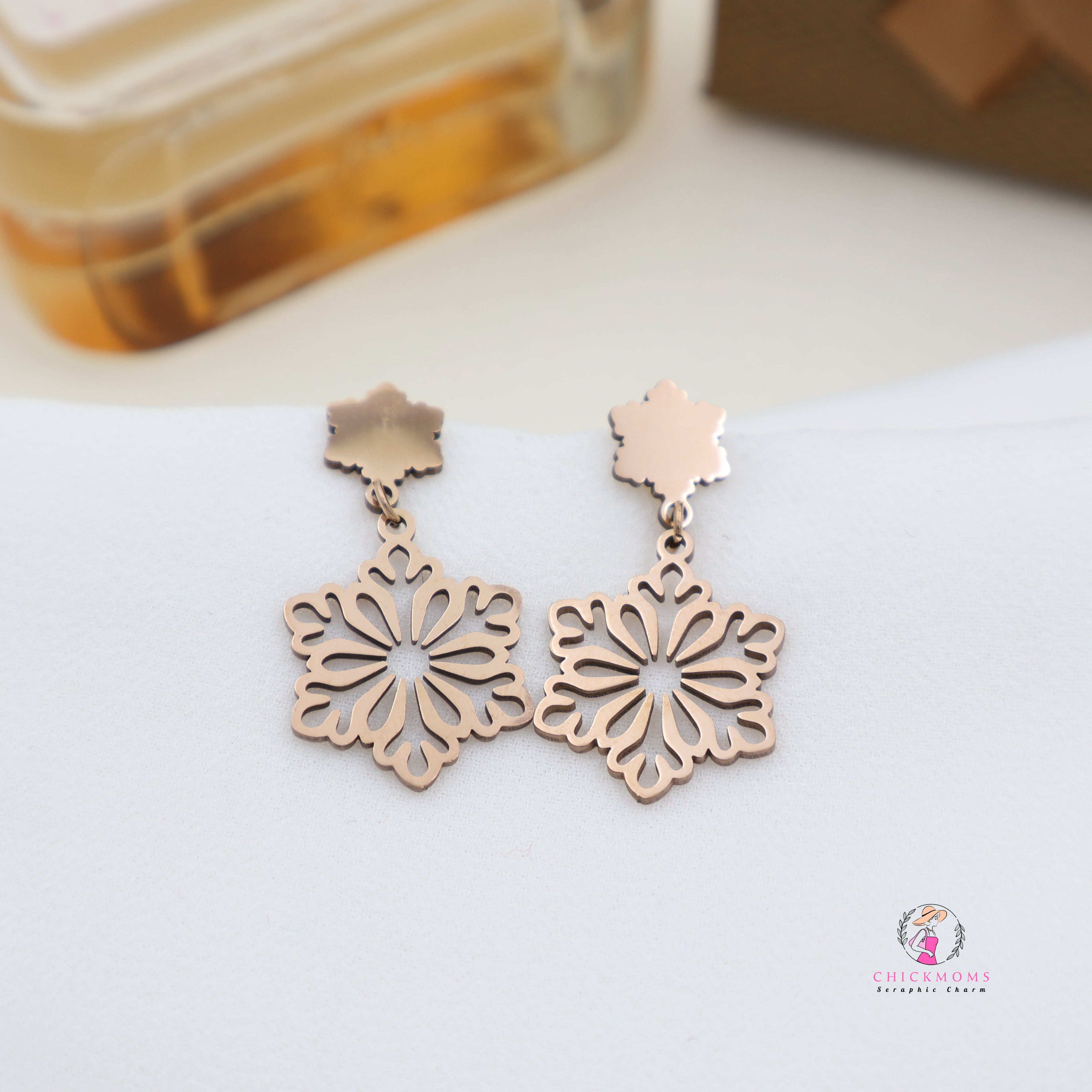Rose Gold Toned Floral Cutout Drop Earrings