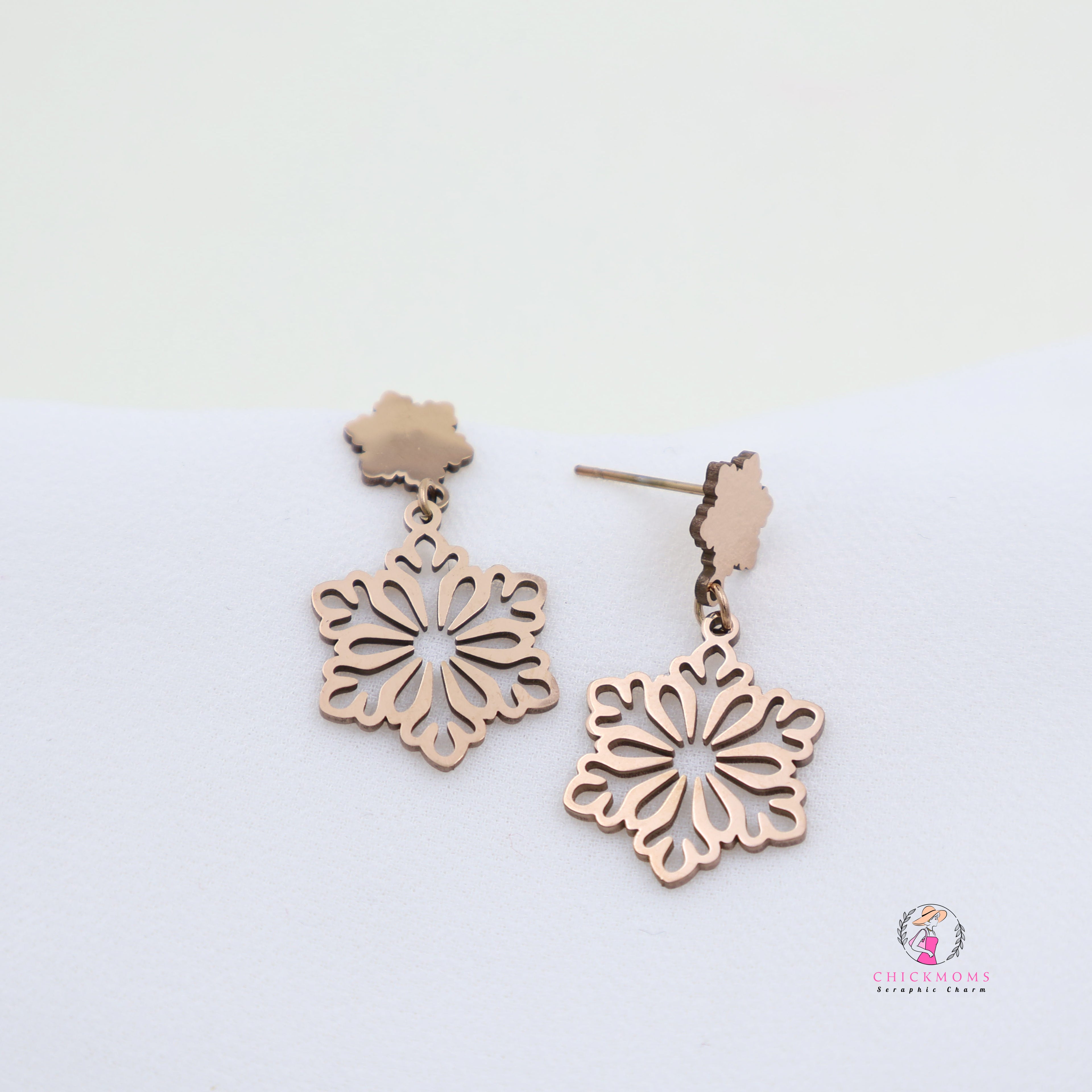 Rose Gold Toned Floral Cutout Drop Earrings