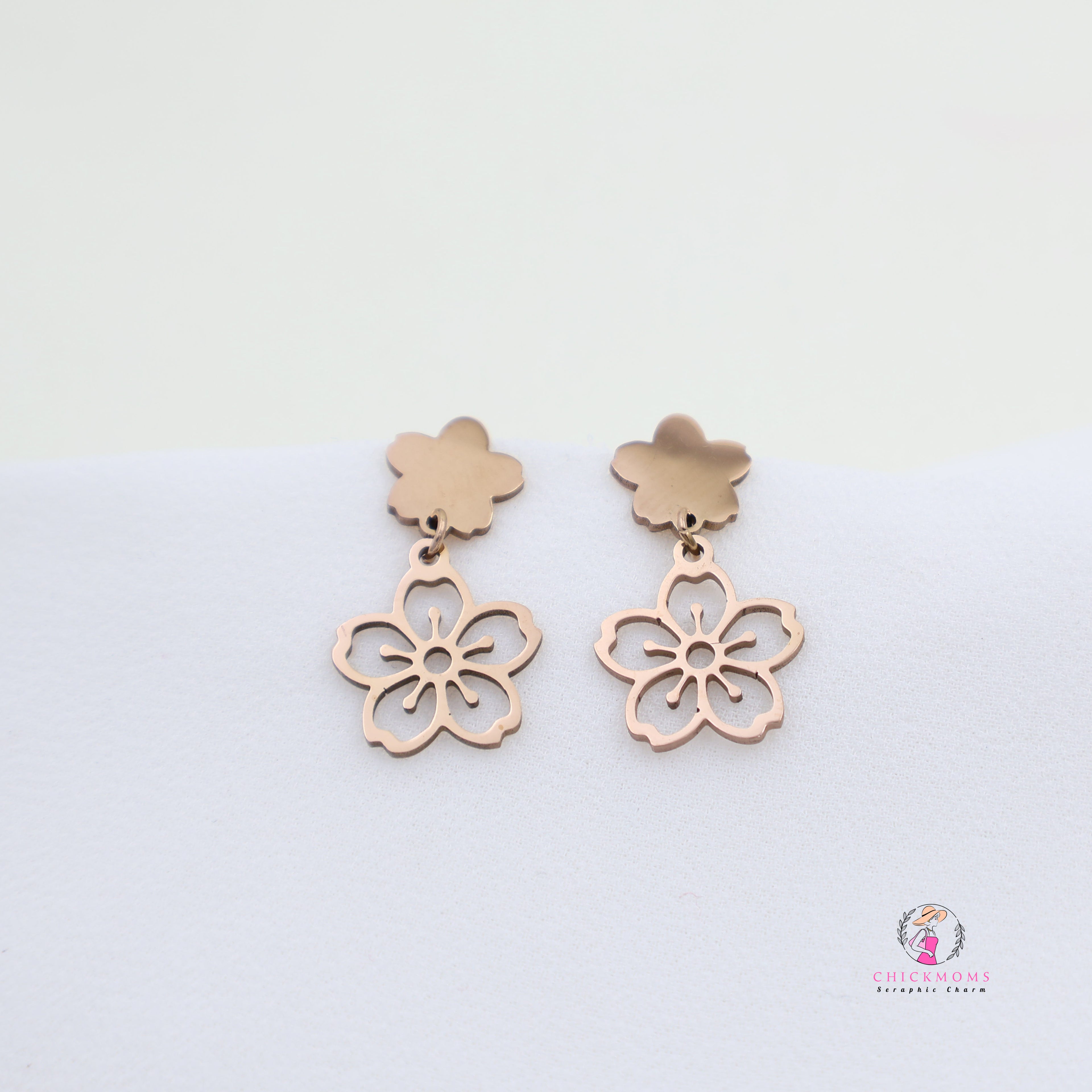 Rose Gold Toned Floral Drop Earrings