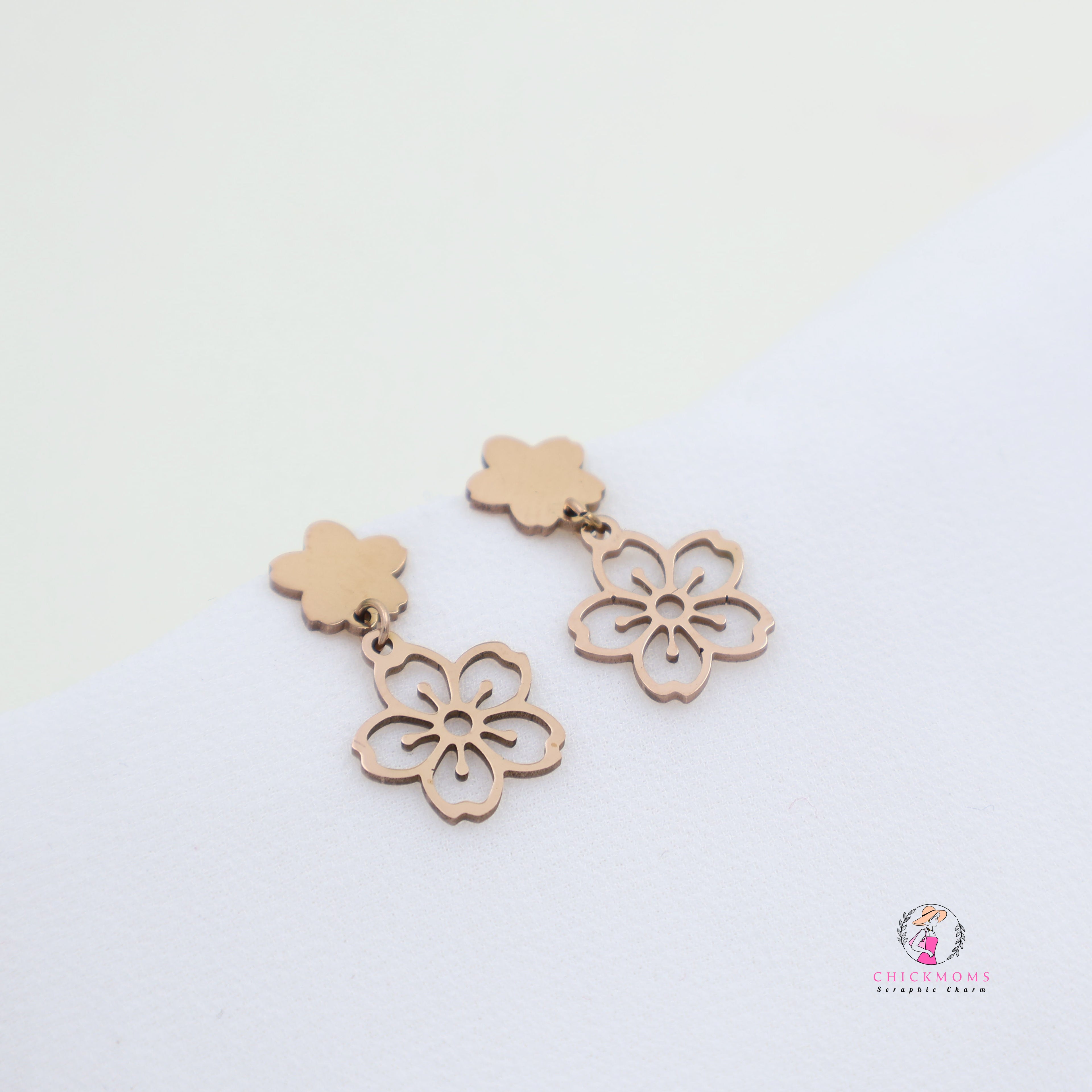 Rose Gold Toned Floral Drop Earrings