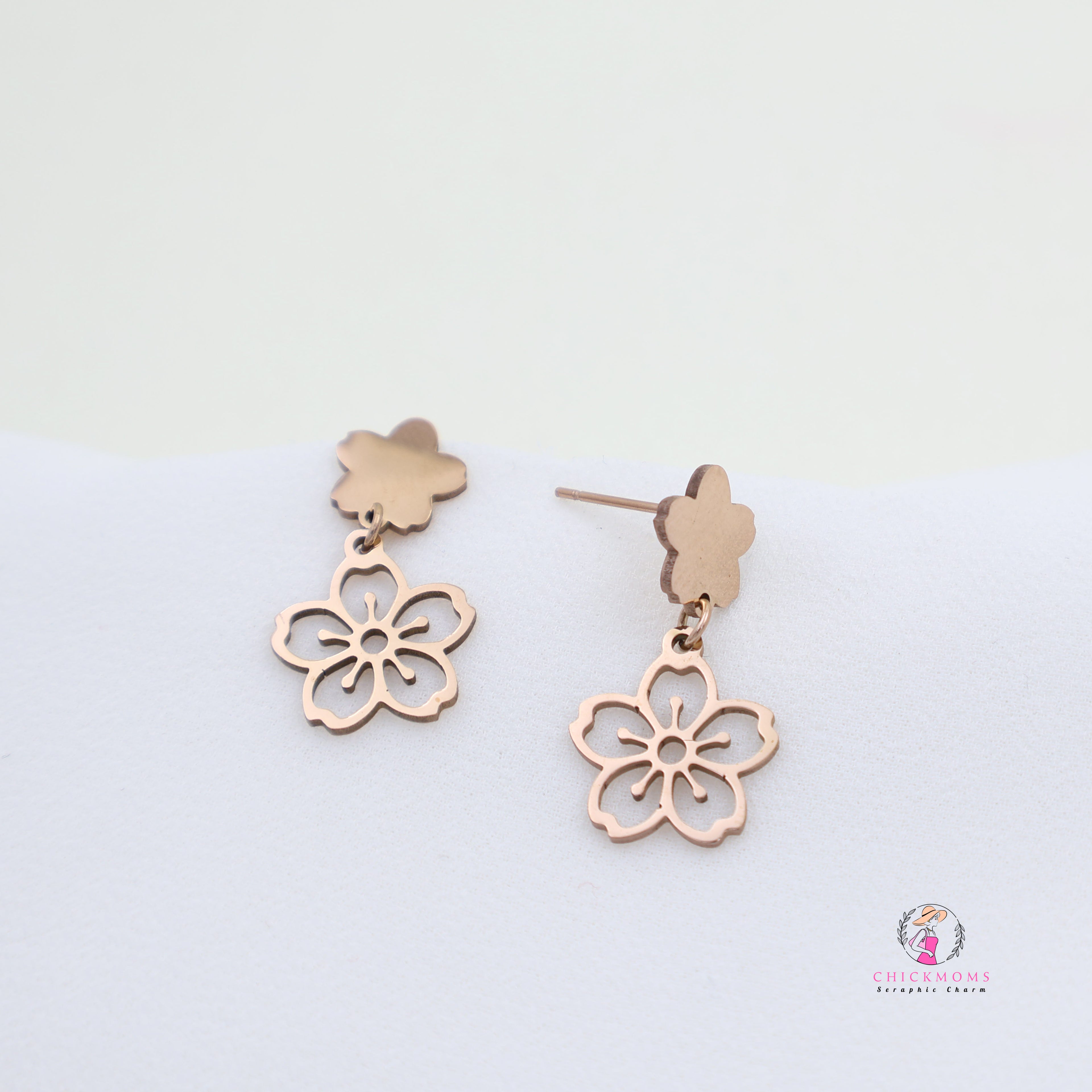 Rose Gold Toned Floral Drop Earrings