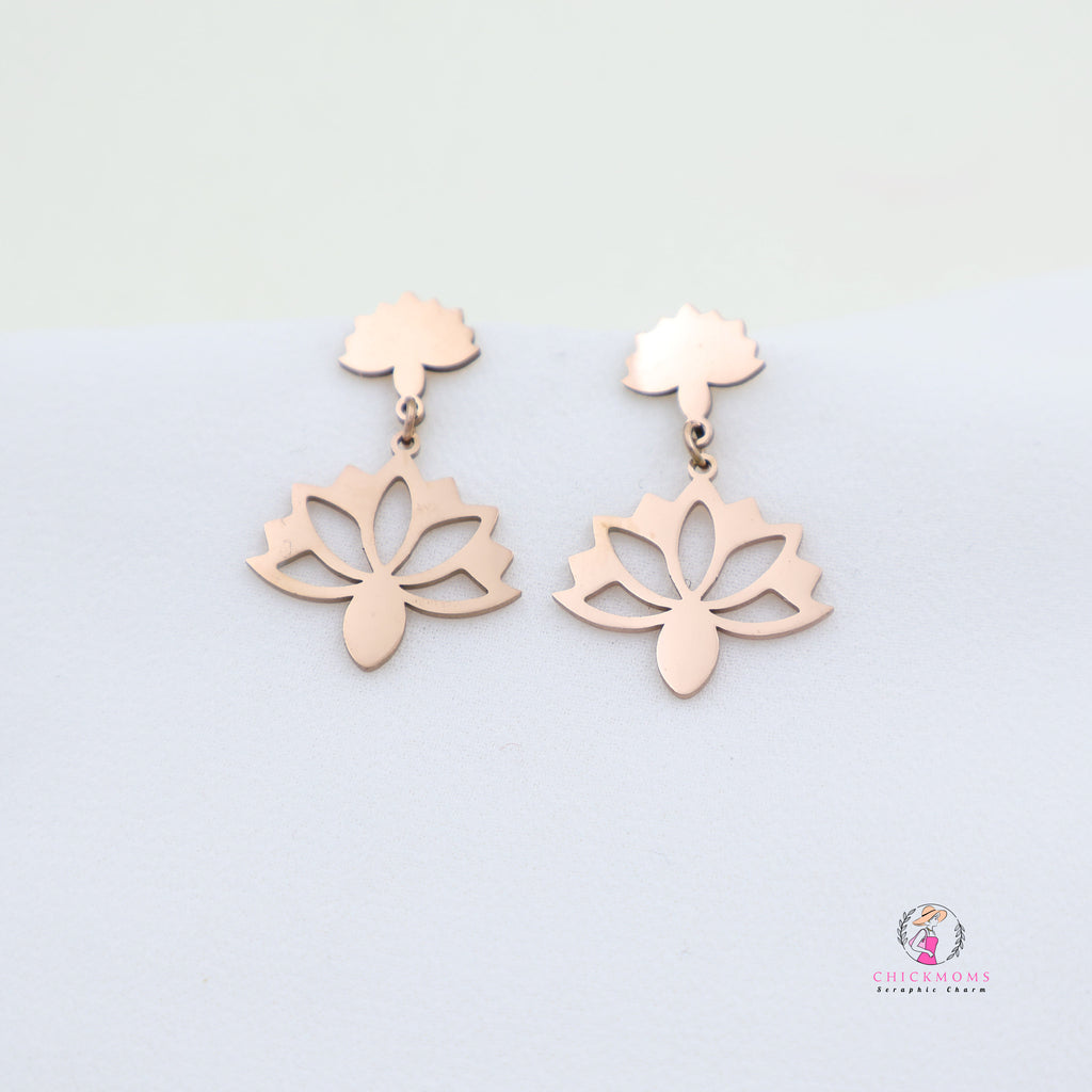 Rose Gold Toned Flower Blossom Dangle Earrings