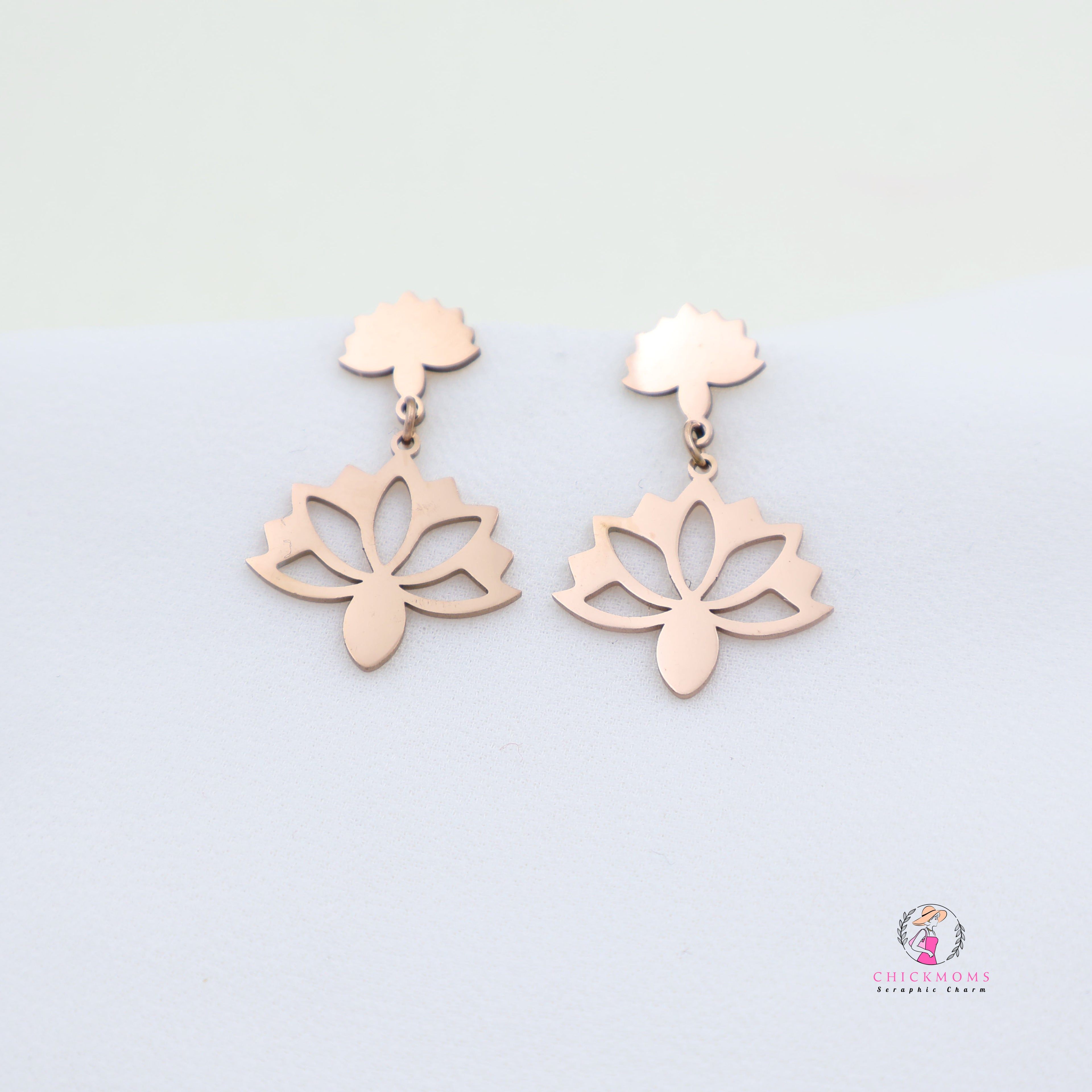Rose Gold Toned Flower Blossom Dangle Earrings