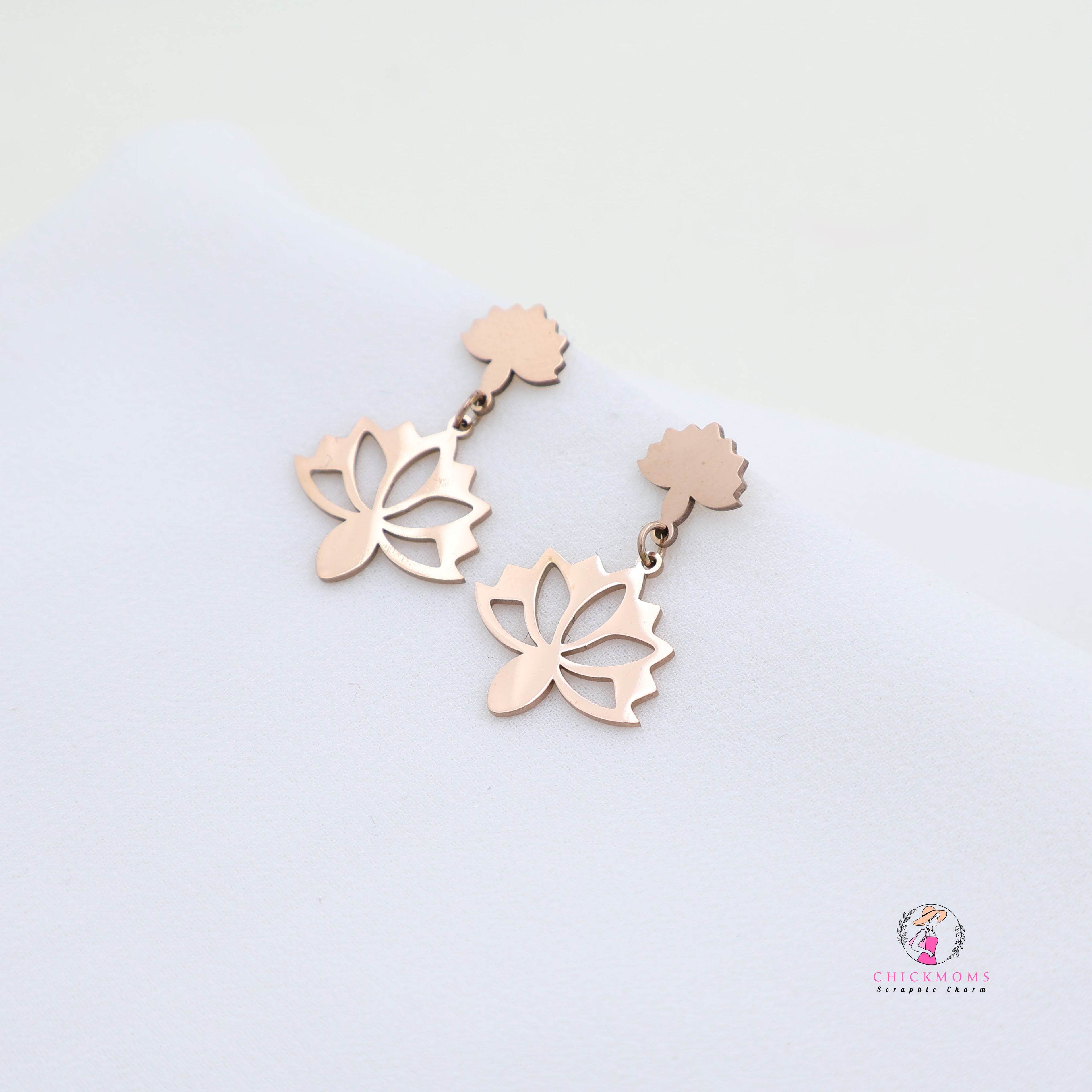 Rose Gold Toned Flower Blossom Dangle Earrings