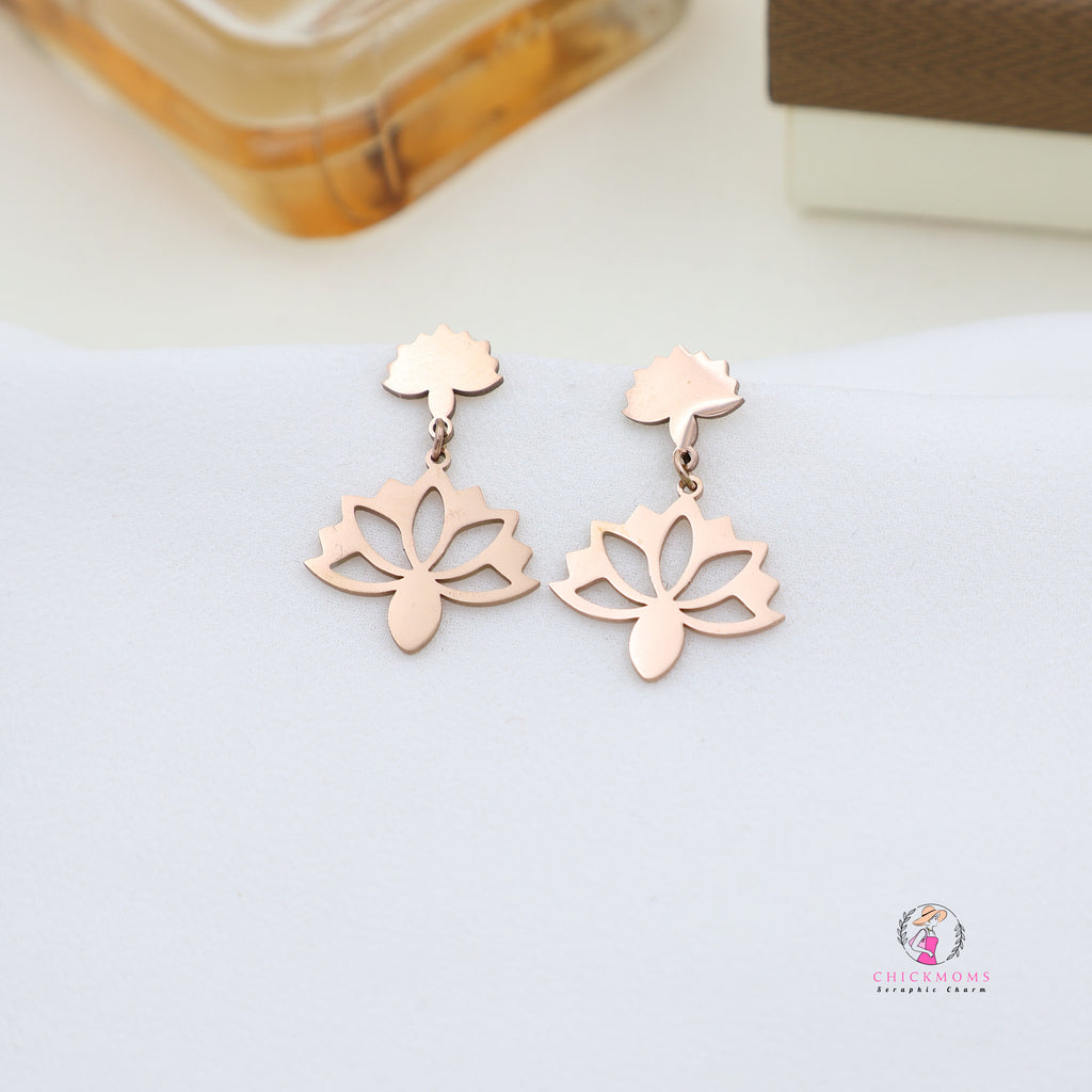 Rose Gold Toned Flower Blossom Dangle Earrings
