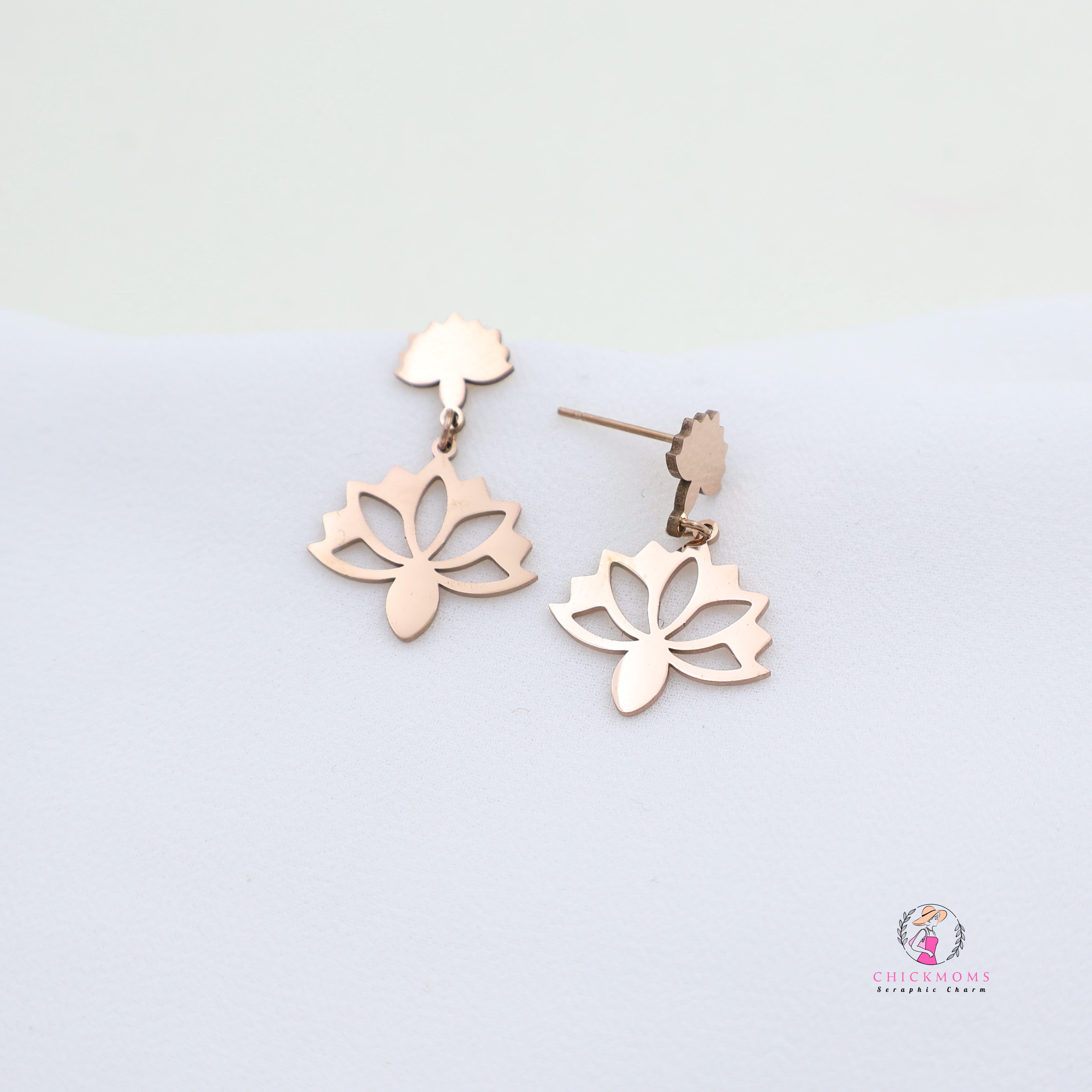 Rose Gold Toned Flower Blossom Dangle Earrings