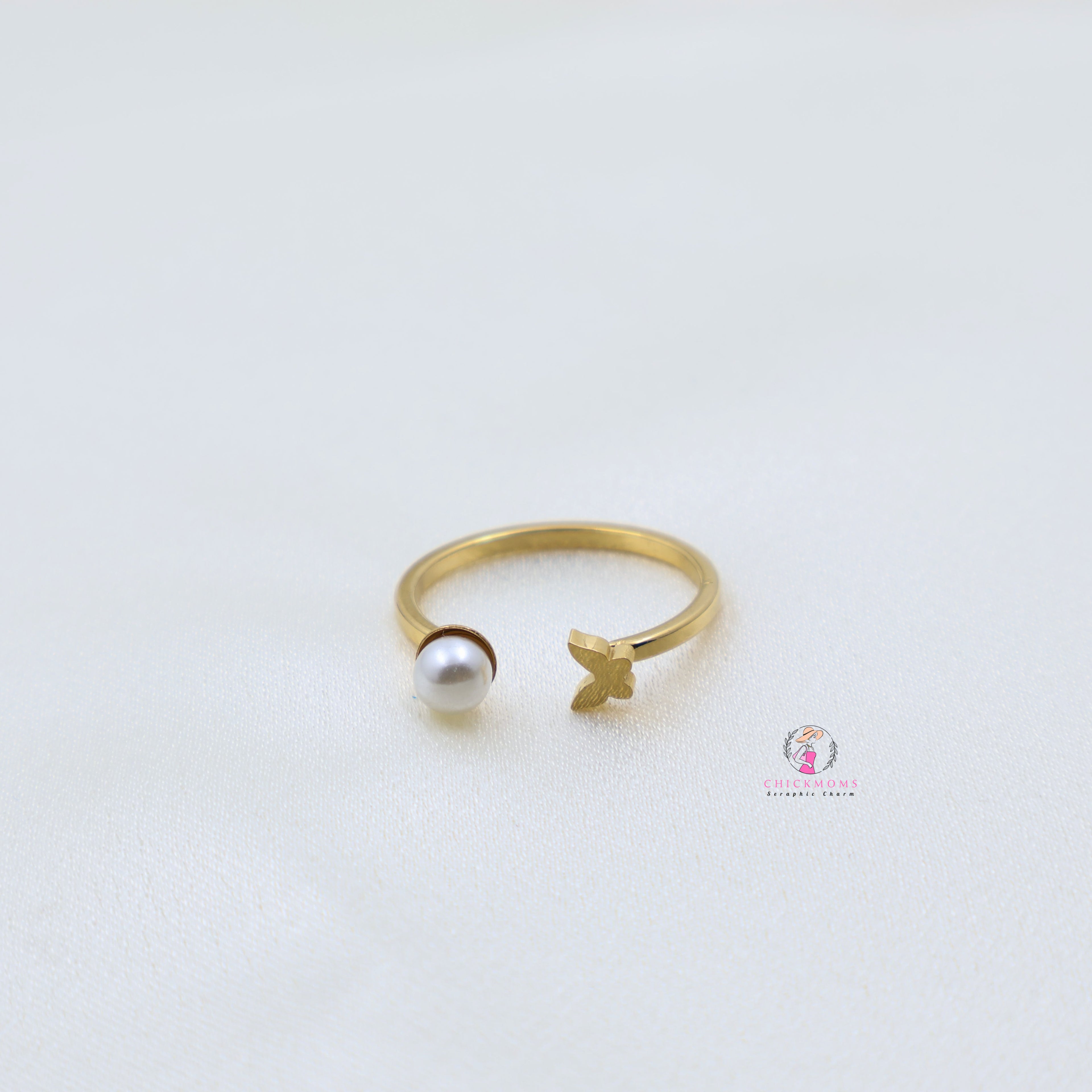 Gold Pearl Butterfly Open Ring