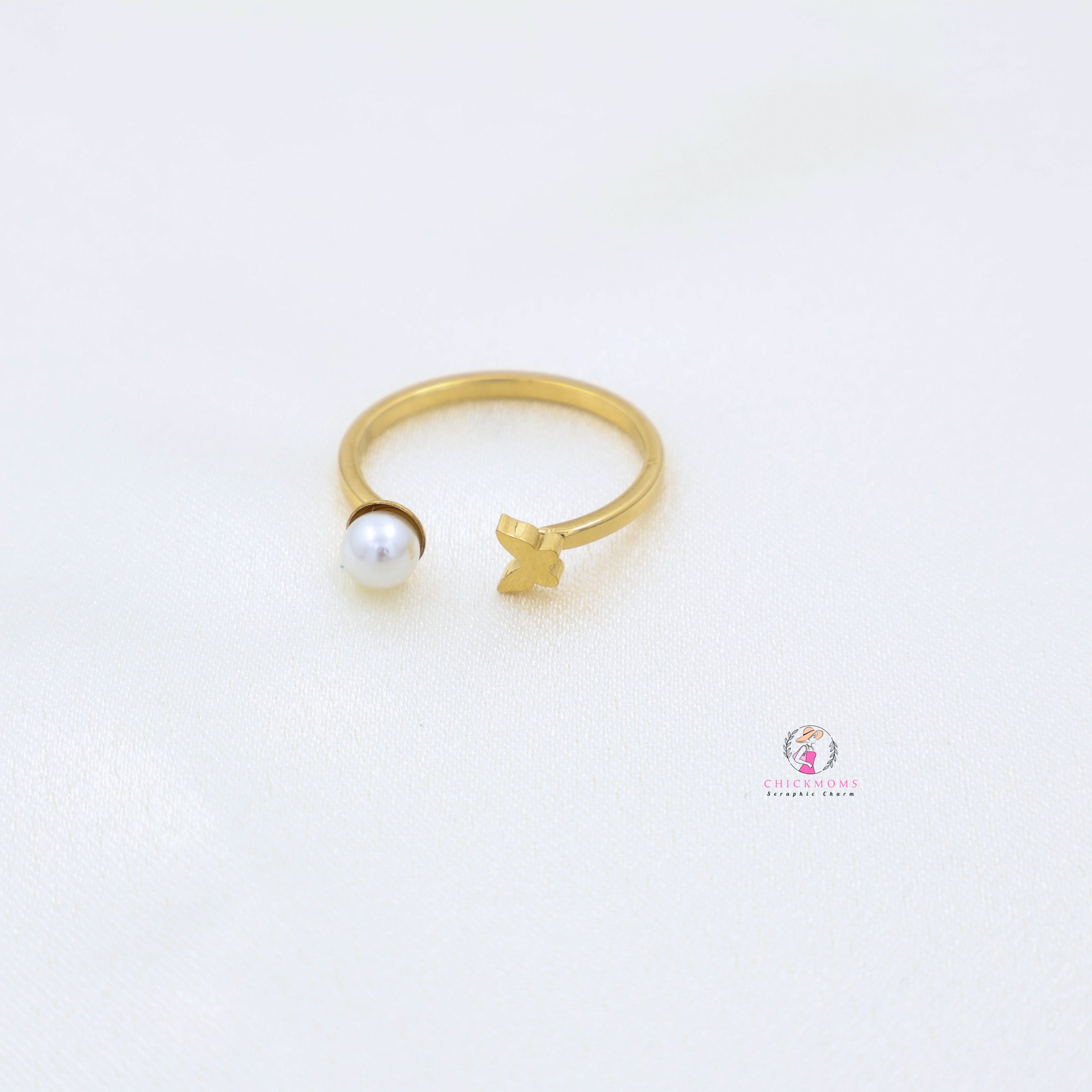 Gold Pearl Butterfly Open Ring