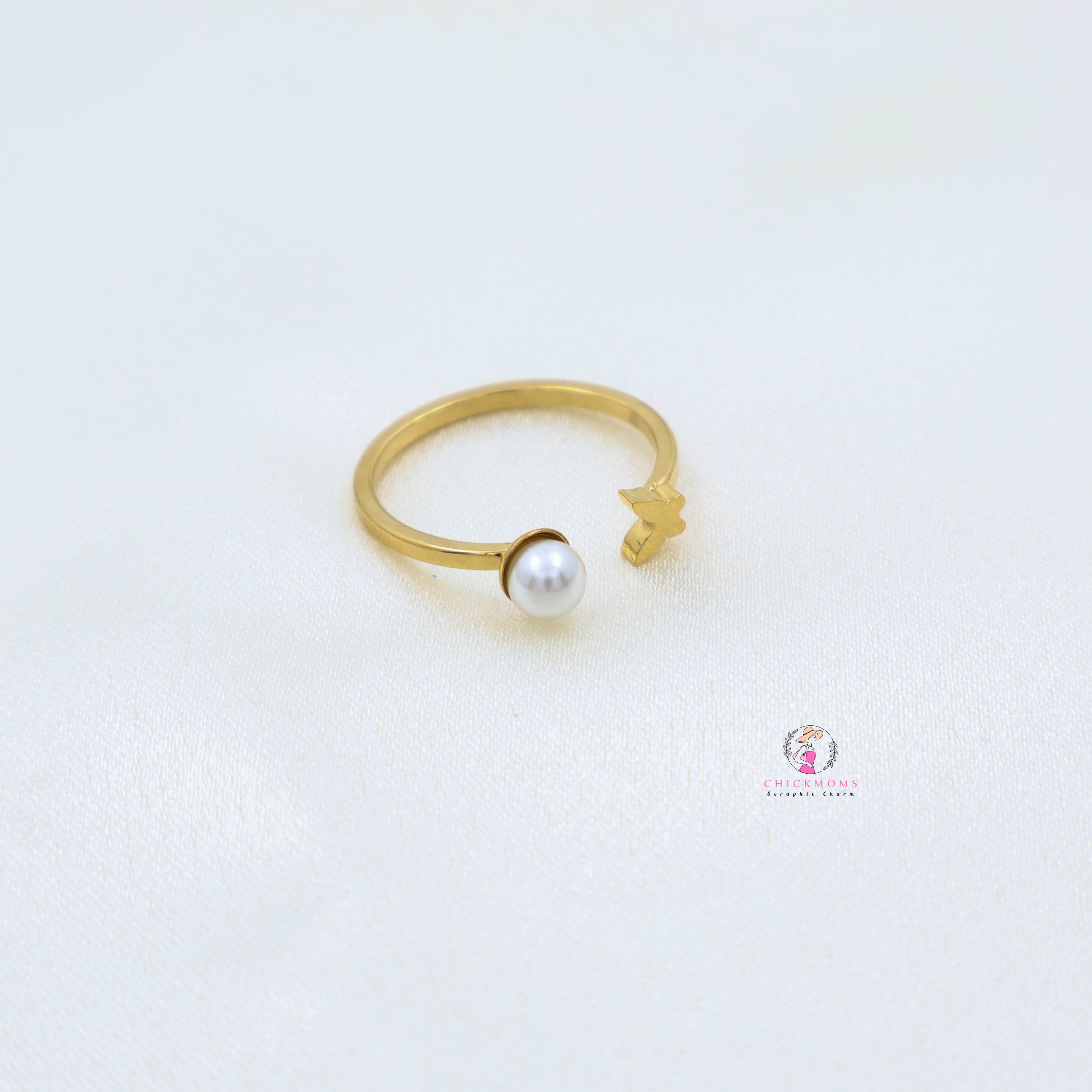 Gold Pearl Butterfly Open Ring