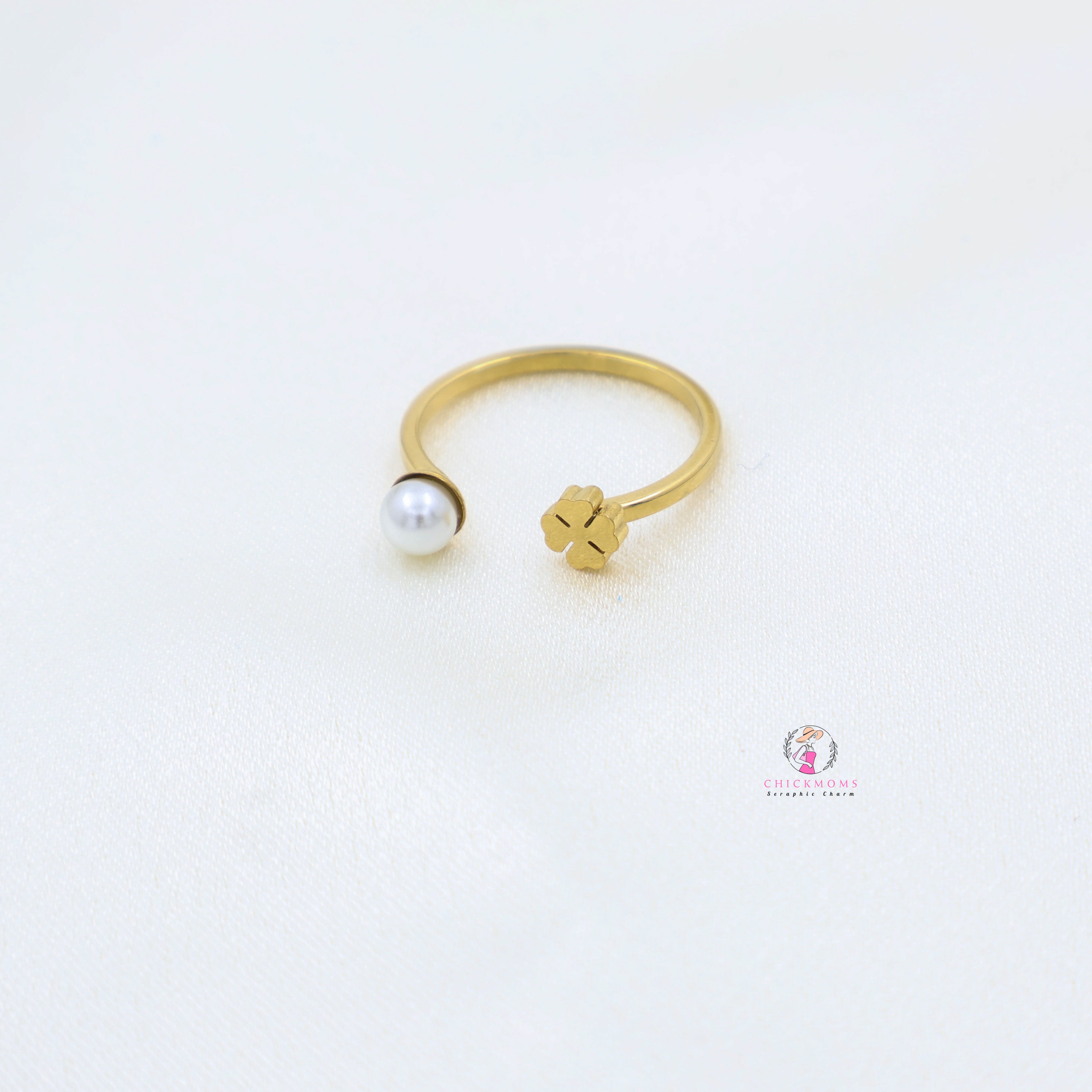 Gold Pearl Flower Open Ring