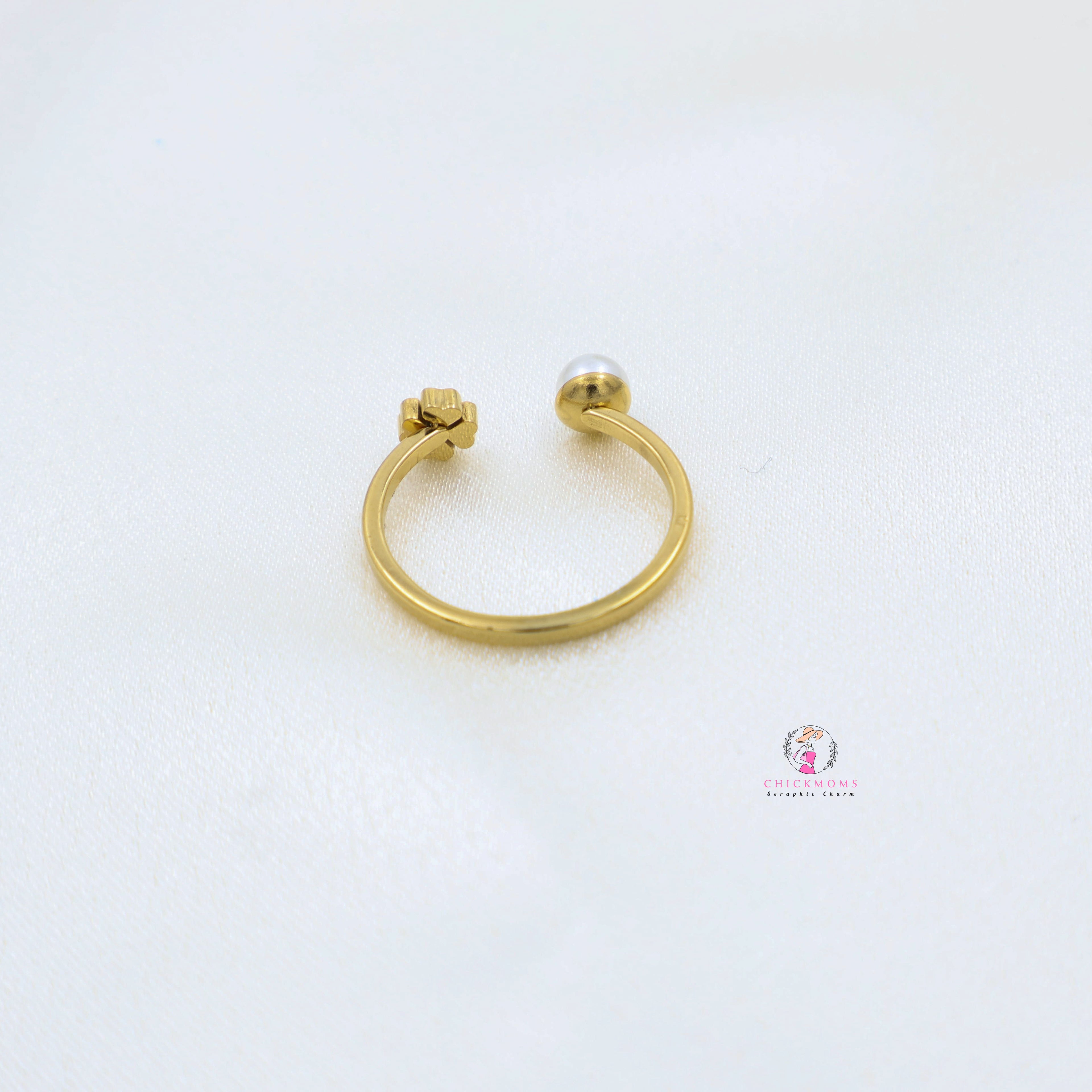 Gold Pearl Flower Open Ring