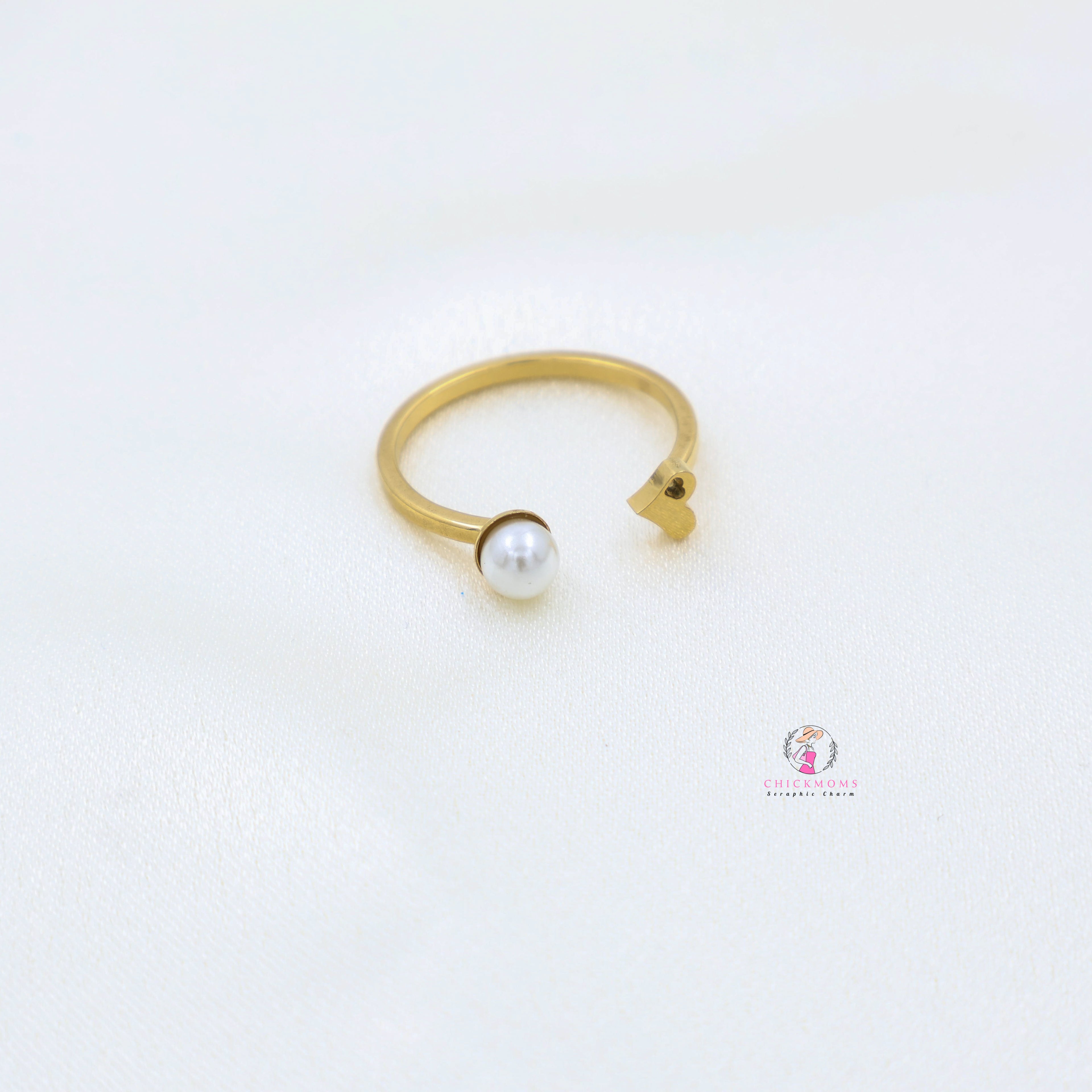 Elegant Pearl Open Gold Ring With Heart-1