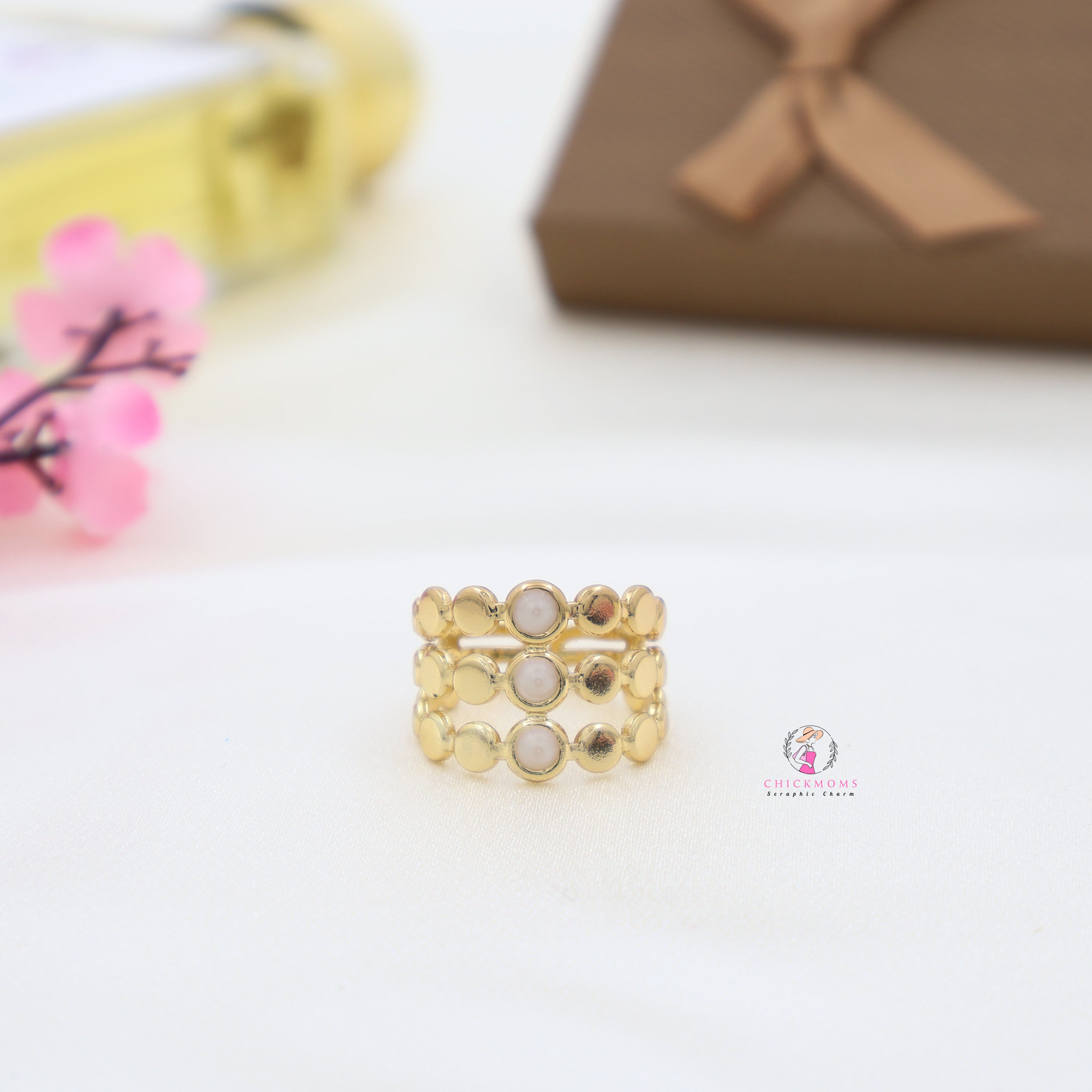 Gold Plated Marble Accent Adjustable Ring