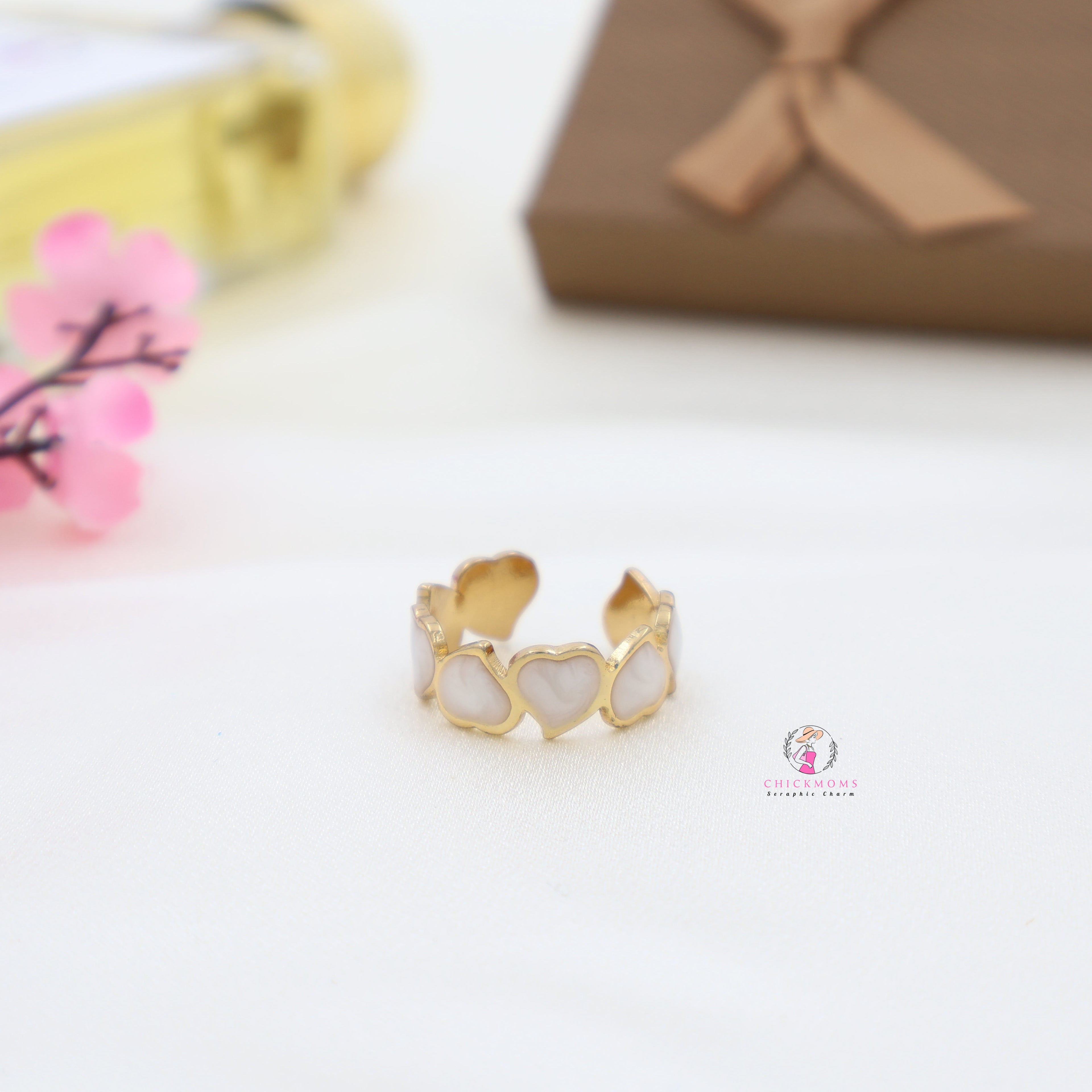 Gold Toned Heart Shaped Enamel Adjustable Ring