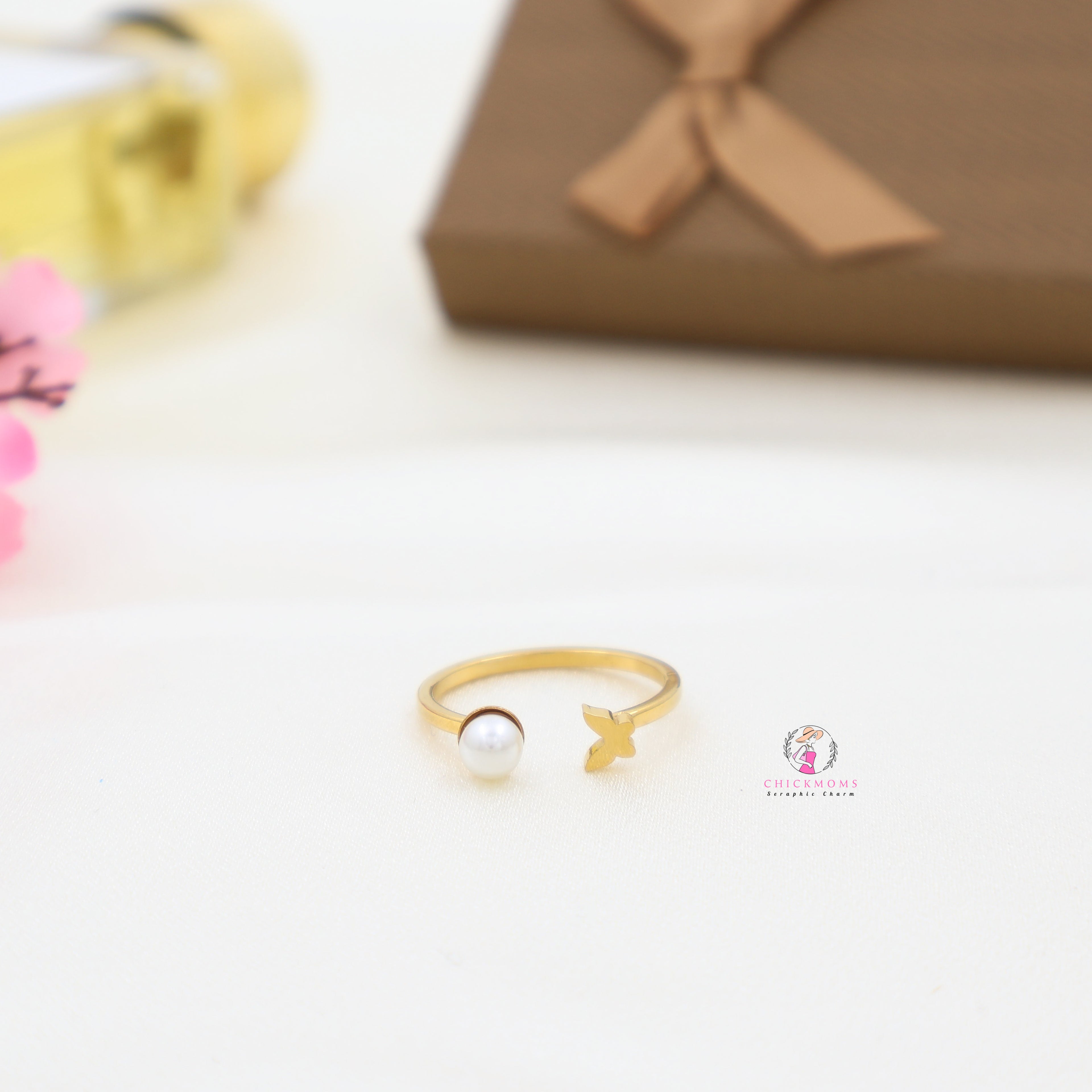 Gold Pearl Butterfly Open Ring