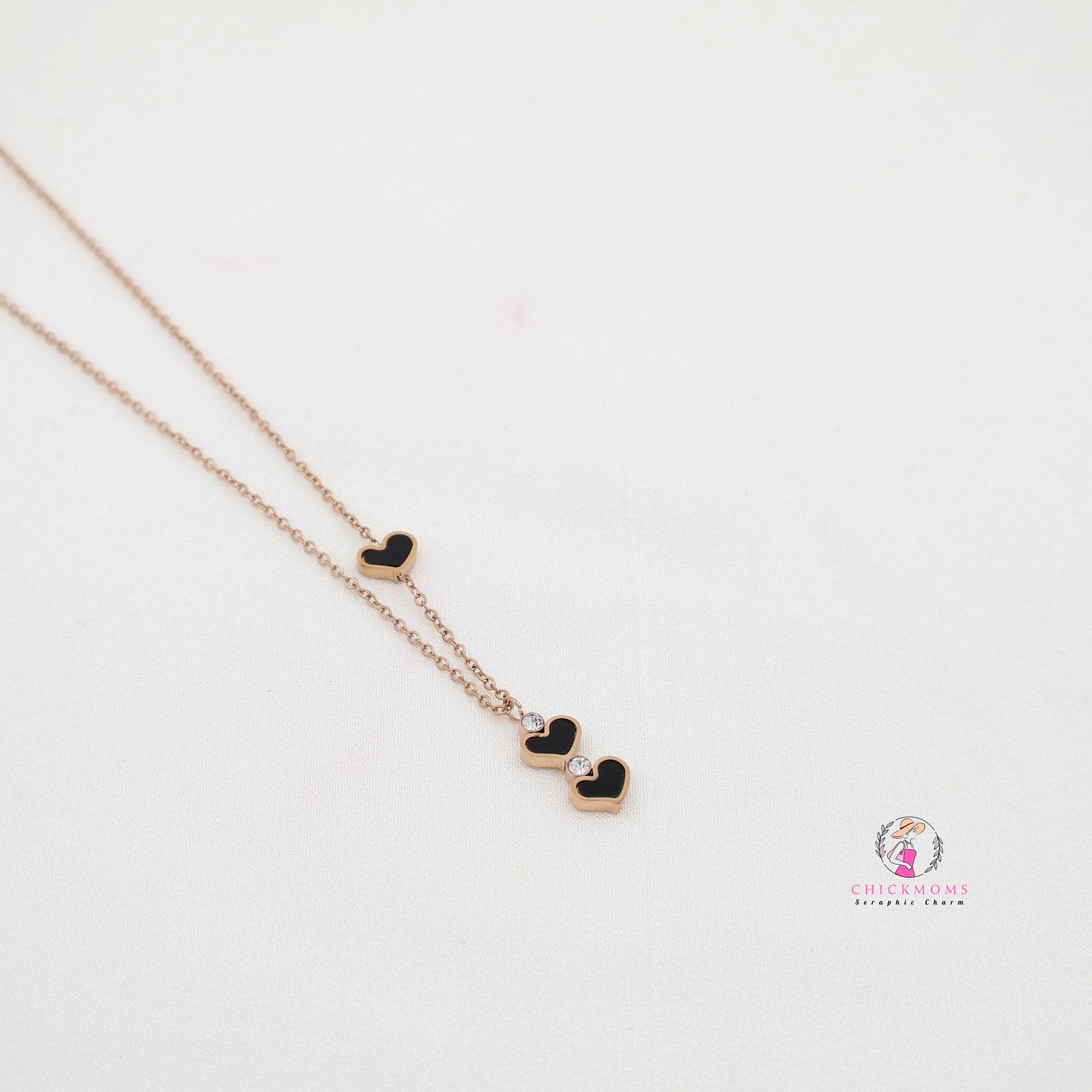 Triple Black Heart Pendant Necklace