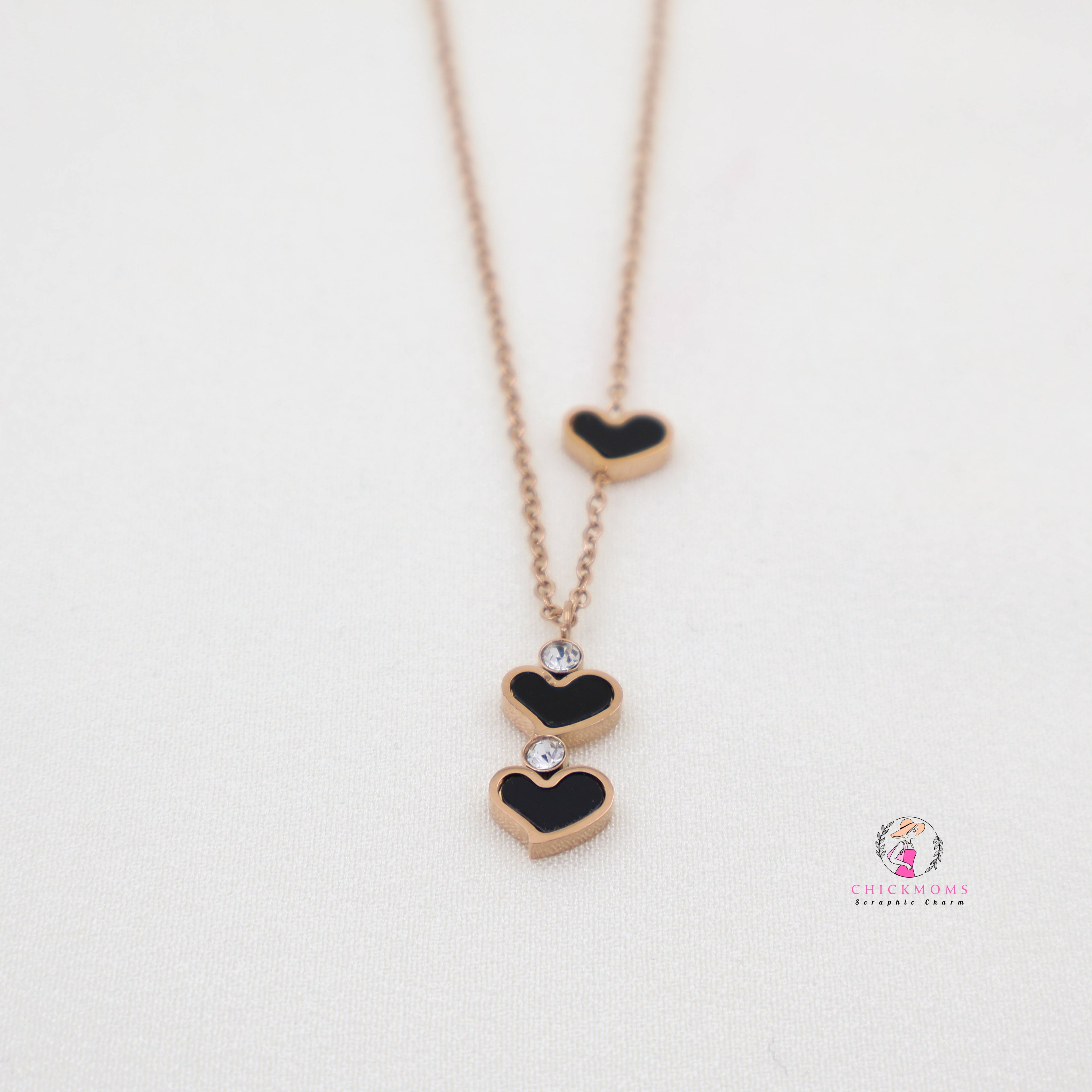 Triple Black Heart Pendant Necklace