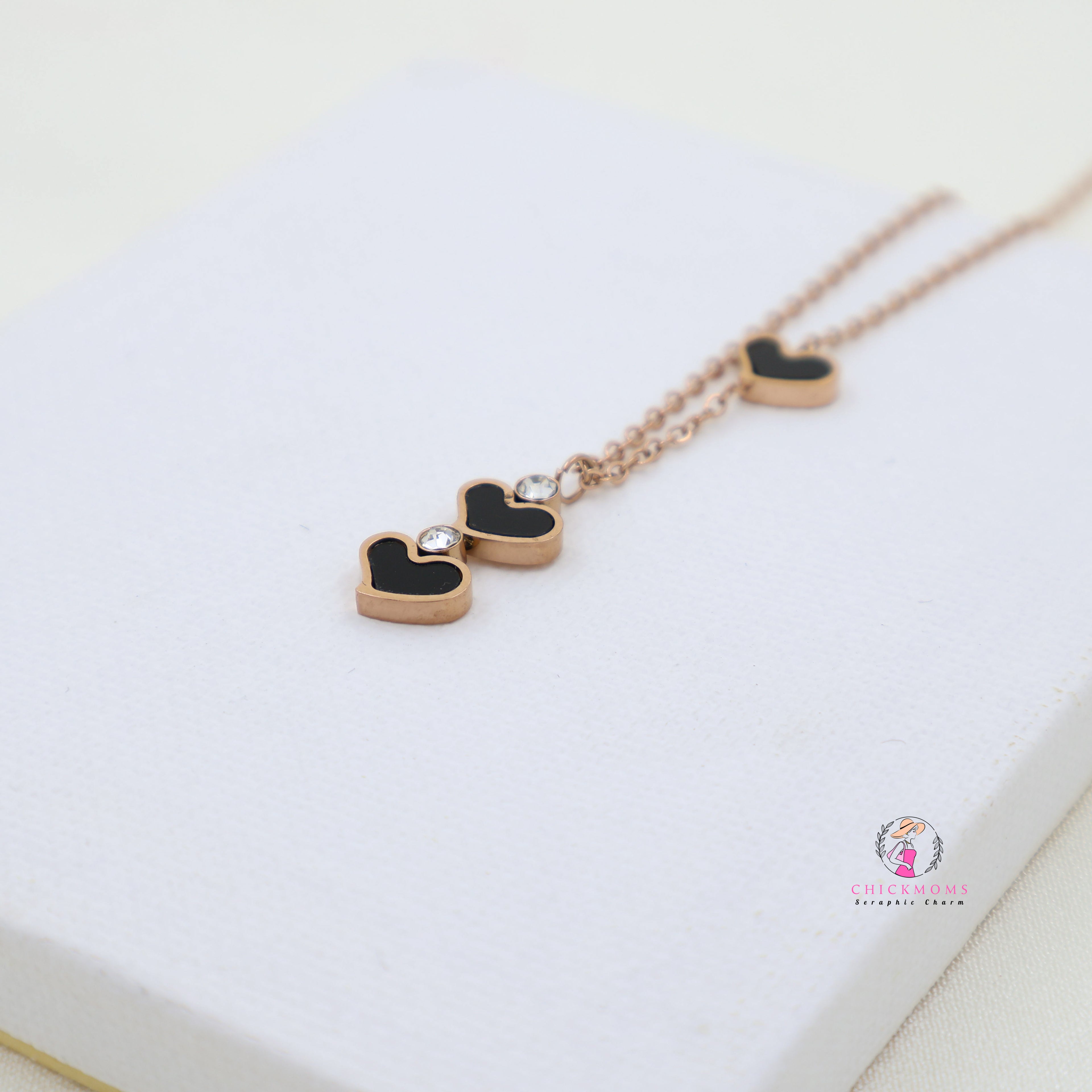 Triple Black Heart Pendant Necklace