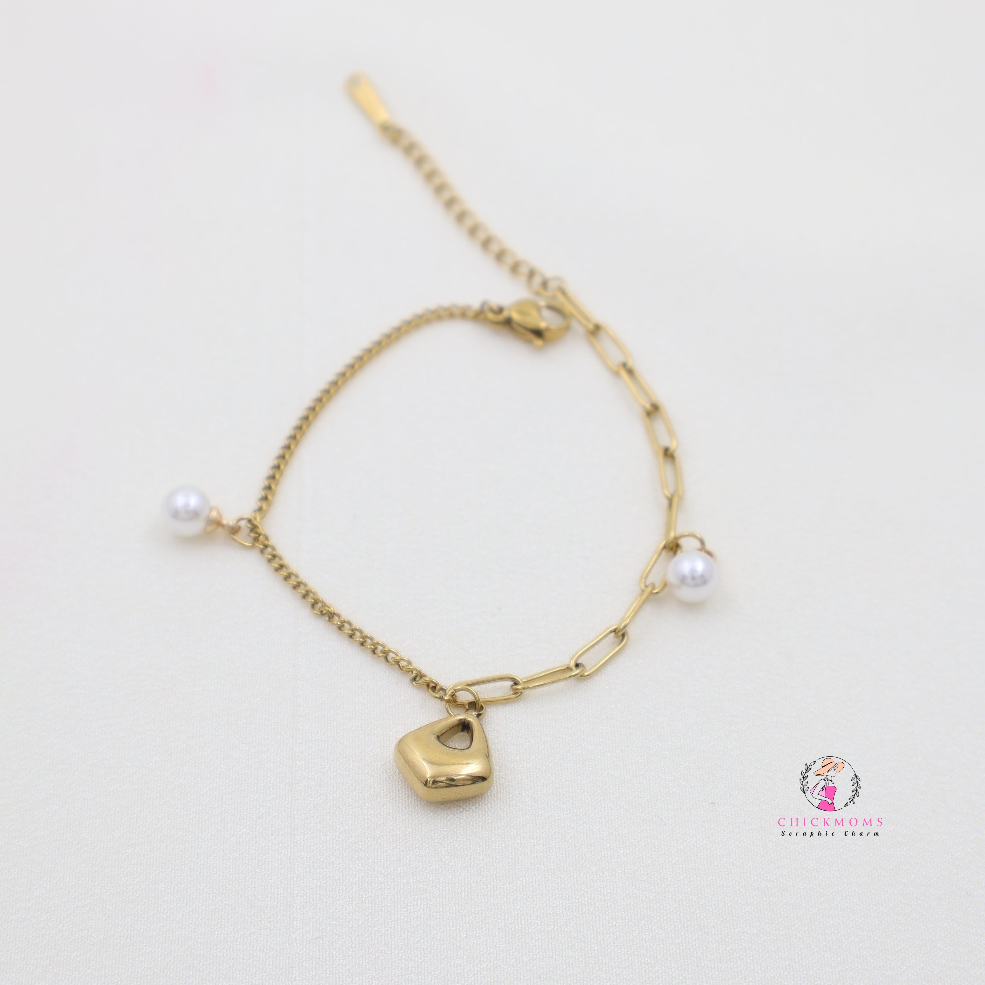 Elegant Gold Bracelet with Lock and Pearl Charms