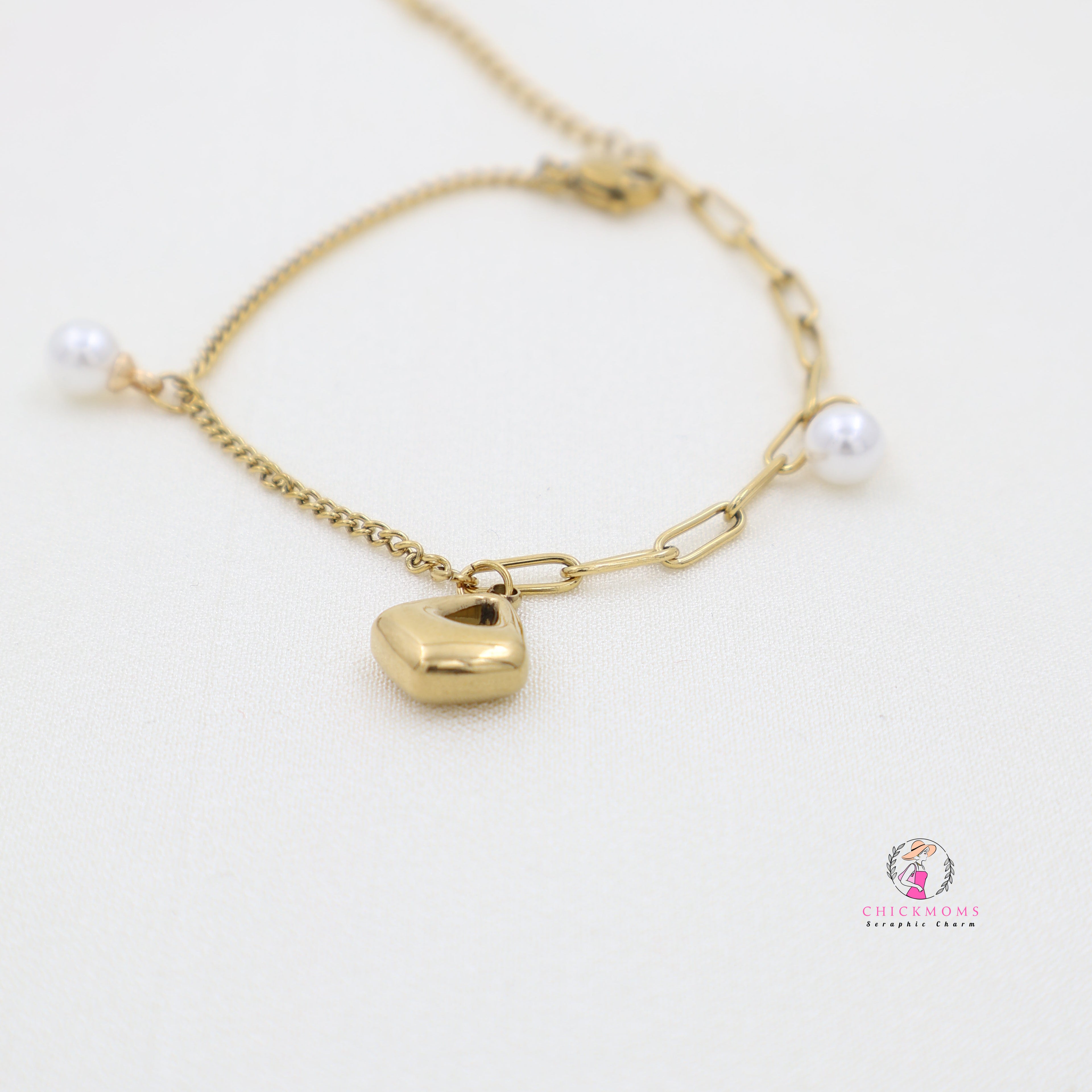 Elegant Gold Bracelet with Lock and Pearl Charms