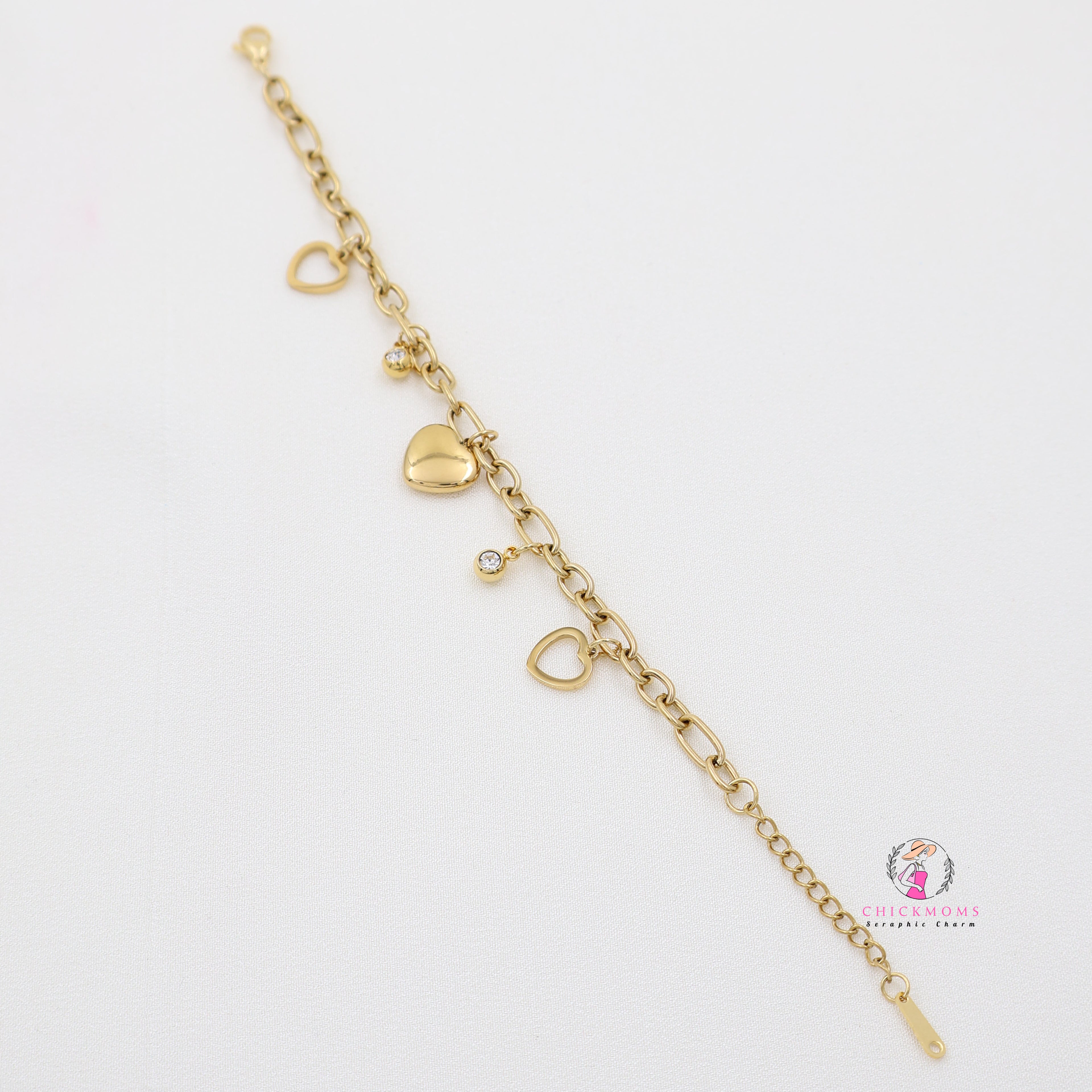 Gold Heart & Stone Charm Bracelet