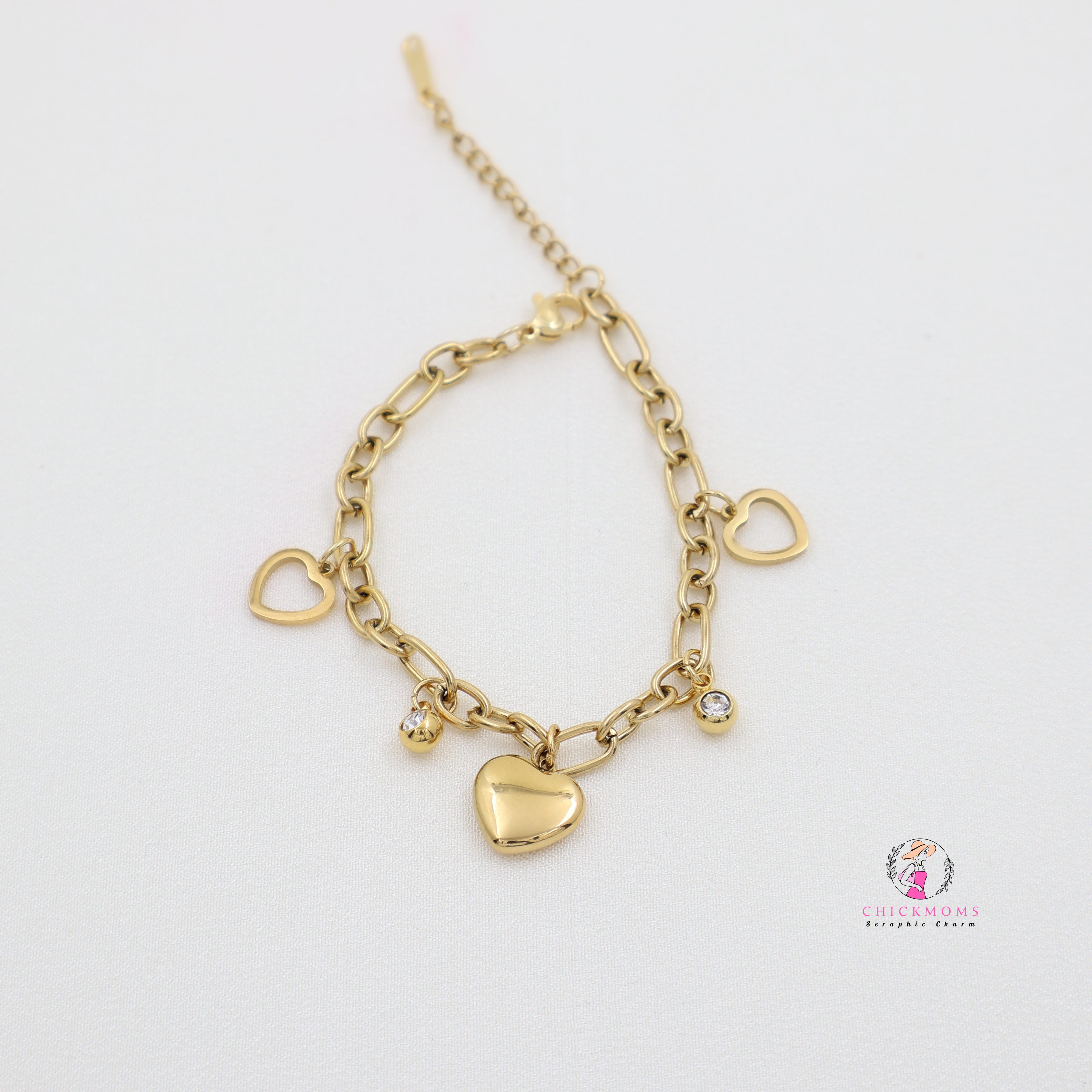 Gold Heart & Stone Charm Bracelet