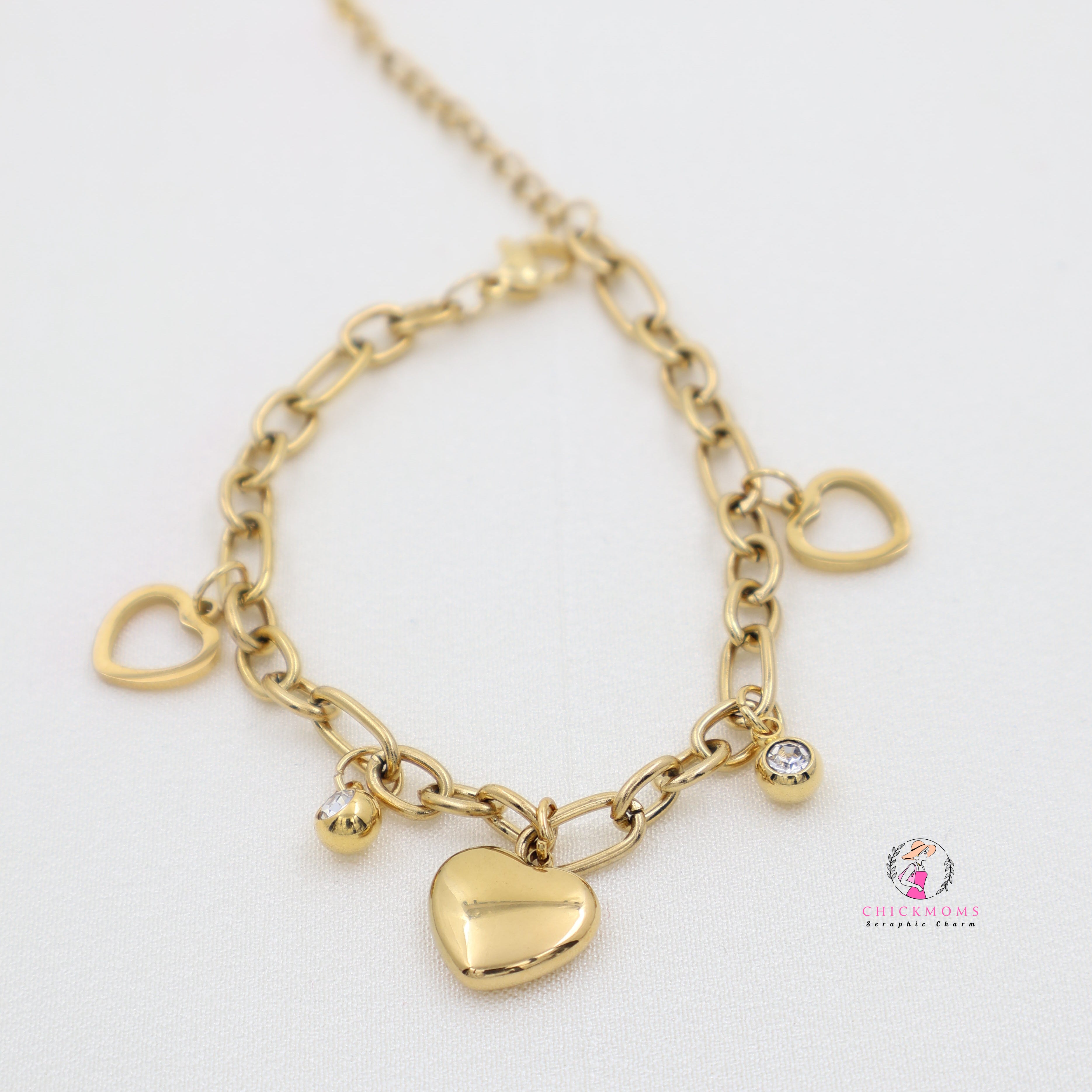 Gold Heart & Stone Charm Bracelet